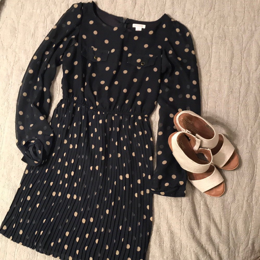Navy and cream polka dot dress